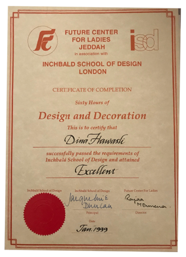 Dina Design and Decoration Certificate of Completion